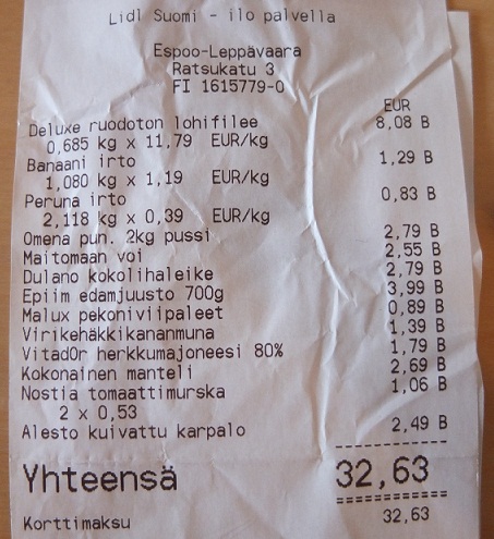 Receipt for groceries in Finland